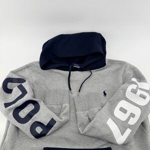 Polo Ralph Lauren Colorblock Hoodie Graphic Sleeve Pullover Gray Navy Large